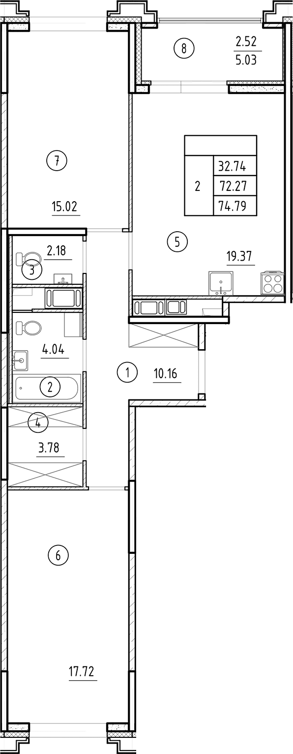 Планировка: Евротрёшка 72,3 м² в ЖК «Ассамблея»