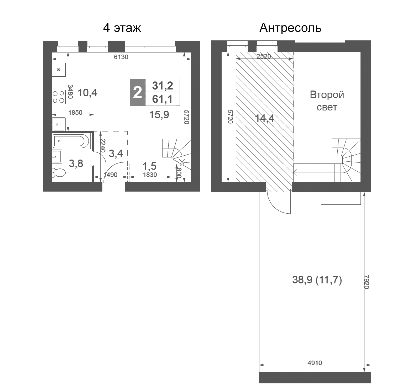 Планировка: Студия 49,4 м² в ЖК «Дубровицы Клаб»