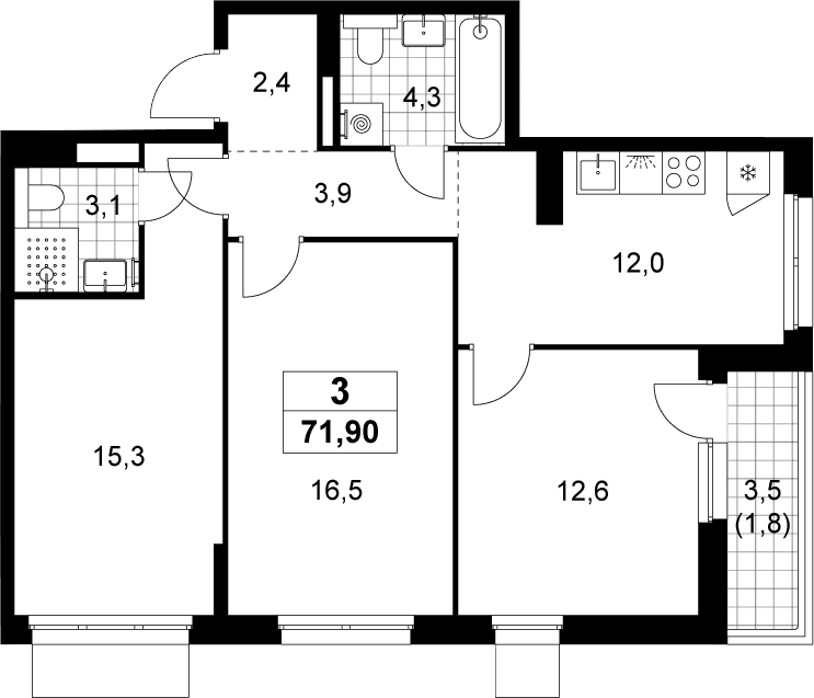 Планировка: 3-комнатная квартира 70,1 м² в ЖК «Деснаречье»