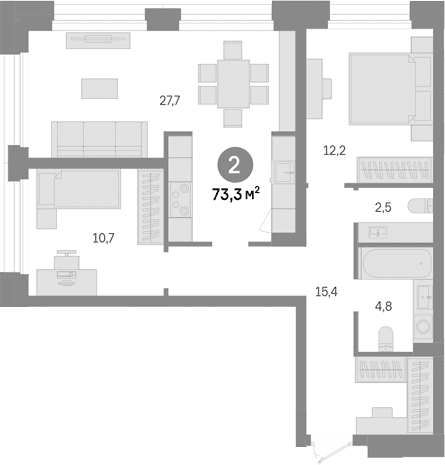 Планировка: 2-комнатная квартира 73,3 м² в ЖК «Квартал Издание»
