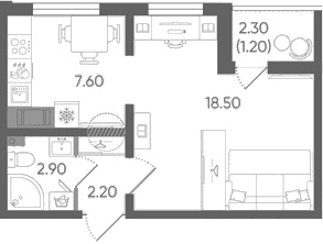 Планировка: 1-комнатная квартира 31,2 м² в ЖК «Цветной город»