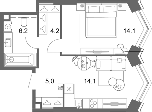 Планировка: Евродвушка 43,4 м² в ЖК «ОМ Ботанический»