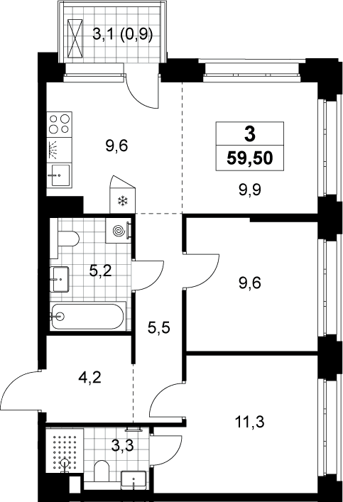 Планировка: Евротрёшка 58,6 м² в ЖК «Хольм»