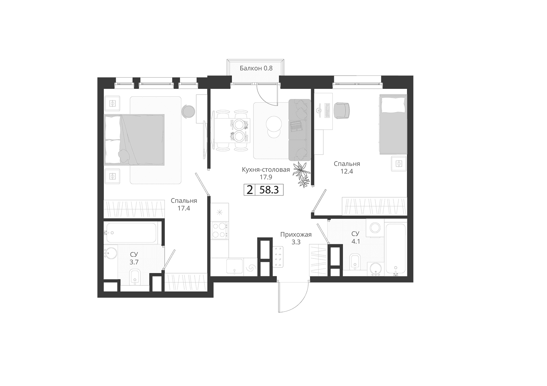 Планировка: Евротрёшка 58,1 м² в ЖК «ГРЭЙ»