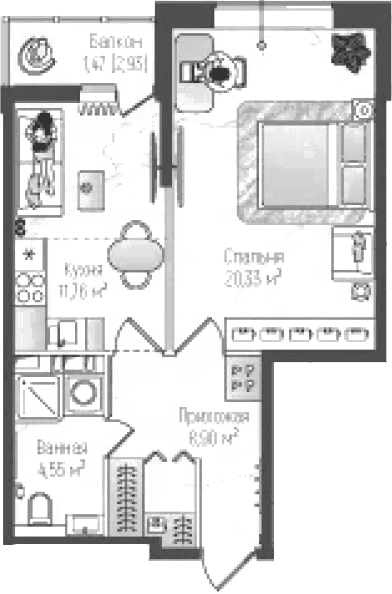 Планировка: 1-комнатная квартира 45,5 м² в ЖК «Рига Хиллс»