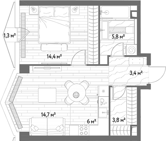 Планировка: Евродвушка 48,1 м² в ЖК «С5»