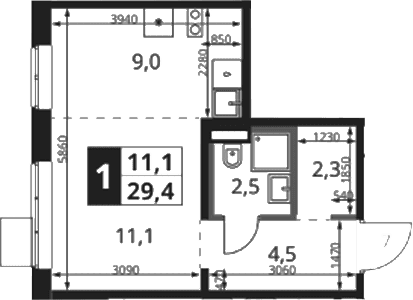 Планировка: Студия 29,4 м² в ЖК «1-й Ясеневский»
