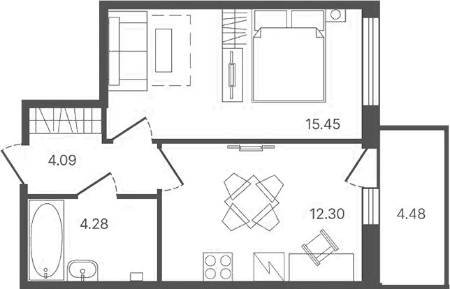 Планировка: 1-комнатная квартира 33 м² в ЖК «Рауни»