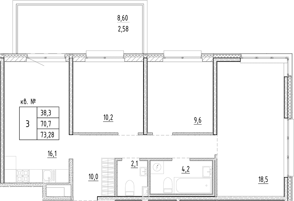 Планировка: Квартира евро-4 70,7 м² в ЖК «Плюс Пулковский»