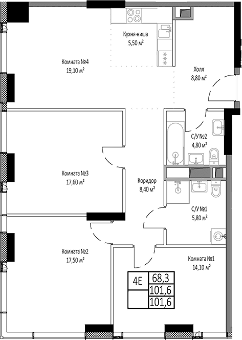 Планировка: Квартира евро-4 101,6 м² в ЖК «Мираполис»