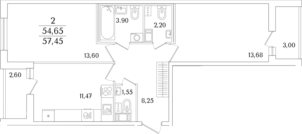 Планировка: 2-комнатная квартира 54,7 м² в ЖК «Кинопарк»