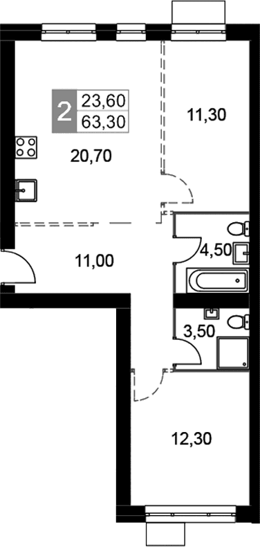 Планировка: 2-комнатная квартира 63,3 м² в ЖК «Апрелевка Клаб»
