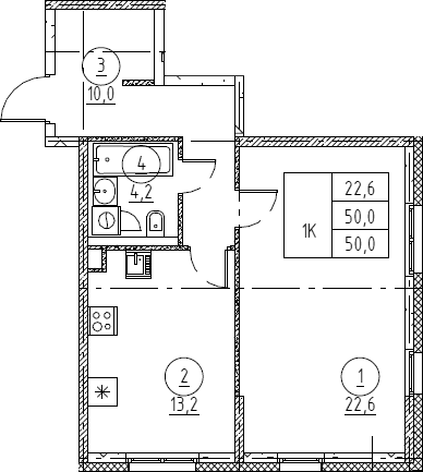 Планировка: 1-комнатная квартира 52,2 м² в ЖК «Крылов»