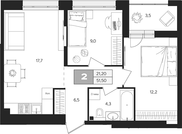 Планировка: 2-комнатная квартира 49,8 м² в ЖК «Ласточкино»