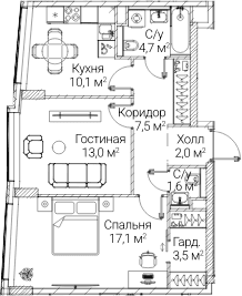 Планировка: 2-комнатная квартира 59,4 м² в ЖК «СЕЗАР БУДУЩЕЕ»