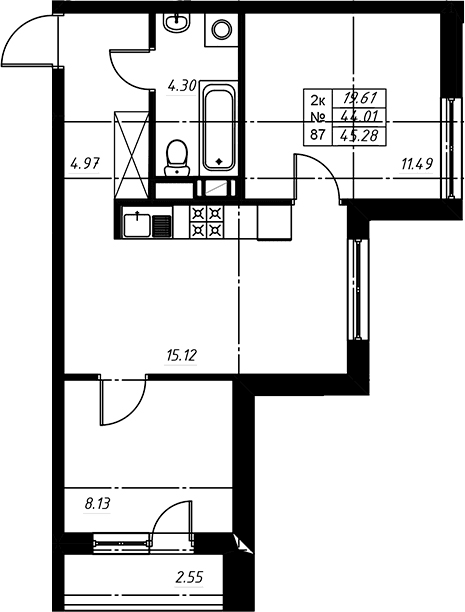 Планировка: Евротрёшка 44,2 м² в ЖК «Огоньки»
