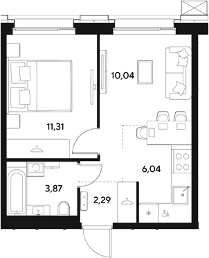 Планировка: Евродвушка 33,6 м² в ЖК «ЭВО»