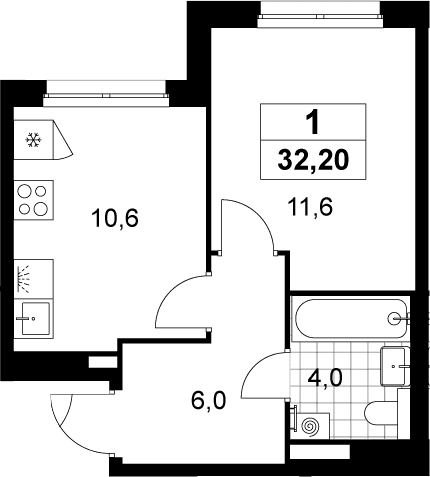 Планировка: 1-комнатная квартира 32,2 м² в ЖК «Деснаречье»