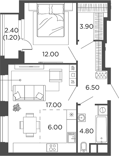 Планировка: Евродвушка 50,2 м² в ЖК «Филатов Луг»