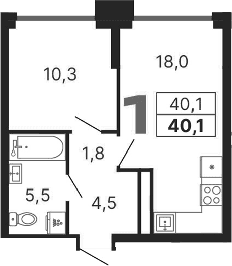 Планировка: 1-комнатная квартира 40,1 м² в ЖК «Бестселлер»