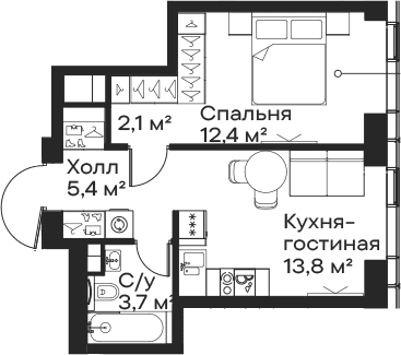 Планировка: Евродвушка 37,4 м² в ЖК «Сити Бэй»