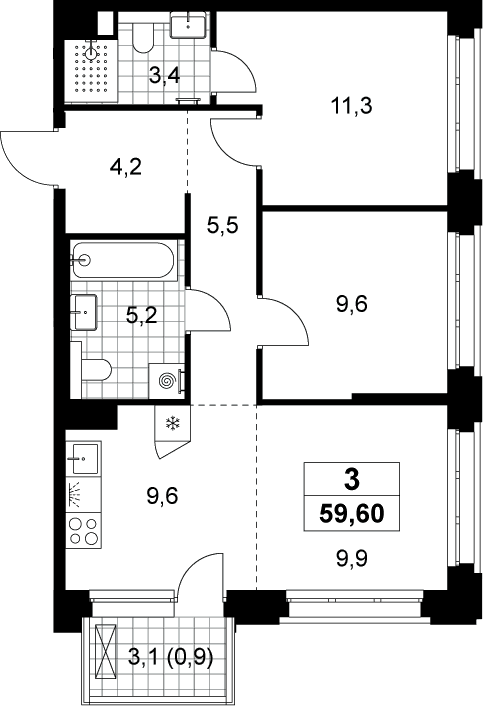 Планировка: Евротрёшка 58,7 м² в ЖК «Хольм»