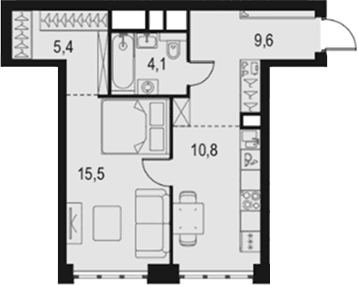 Планировка: 1-комнатная квартира 45,4 м² в ЖК «Левел Южнопортовая»