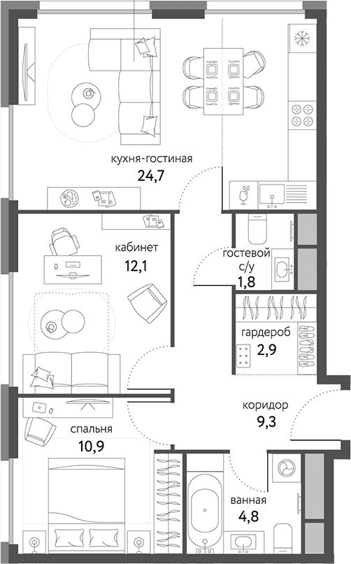 Планировка: Евротрёшка 66,5 м² в ЖК «Сиреневый парк»