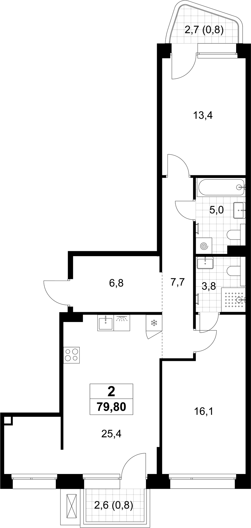 Планировка: Евротрёшка 78,2 м² в ЖК «Хольм»