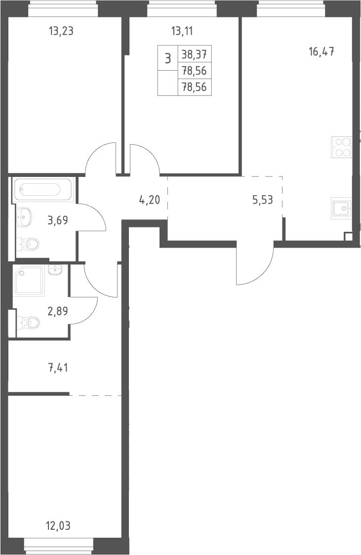 Планировка: Квартира евро-4 78,6 м² в ЖК «Большое Юрлово»