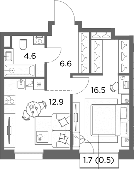 Планировка: 1-комнатная квартира 40,6 м² в ЖК «Станиславский»