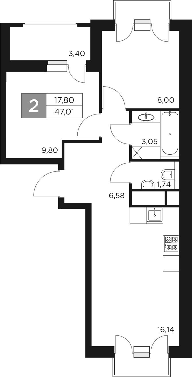 Планировка: Евротрёшка 45,3 м² в ЖК «Восток 2»