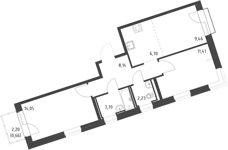 Планировка: Евротрёшка 55,7 м² в ЖК «Живи! В Рыбацком»