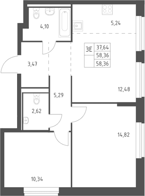 Планировка: Евротрёшка 58,4 м² в ЖК «Горки Парк»