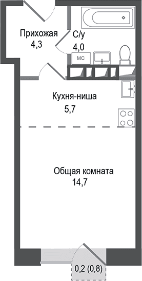 Планировка: Студия 28,7 м² в ЖК «Киноквартал»