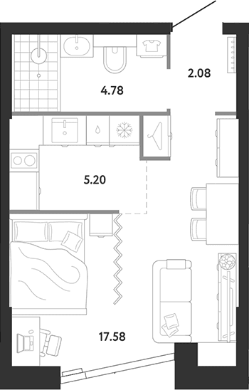 Планировка: Студия 29,6 м² в ЖК «Ридж»