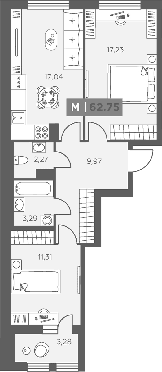 Планировка: 2-комнатная квартира 61,1 м² в ЖК «Аквилон Солар»