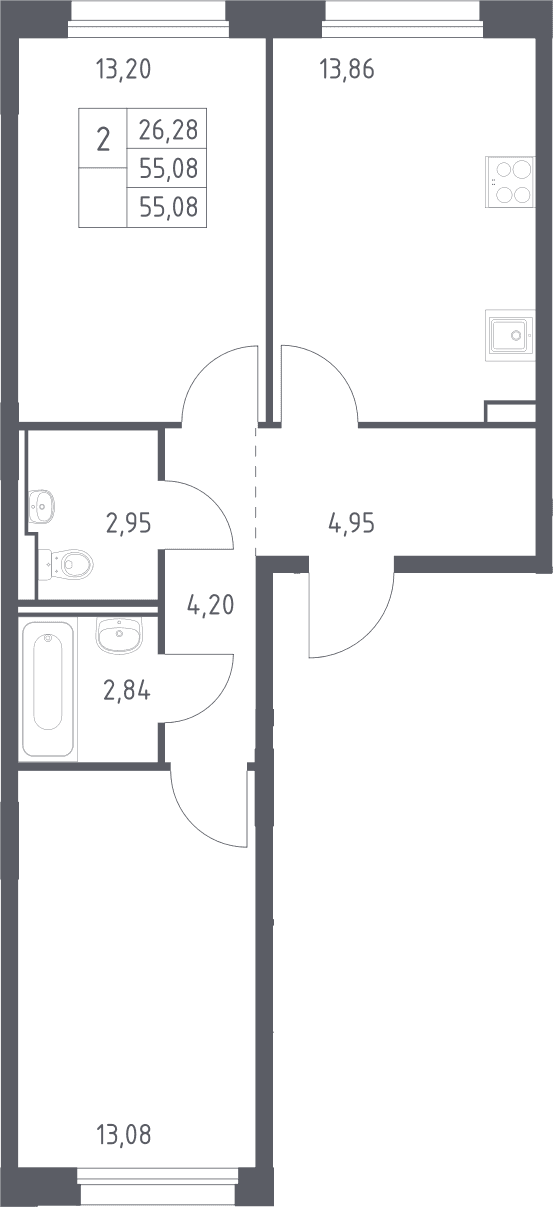 Планировка: 2-комнатная квартира 55,1 м² в ЖК «Прибрежный Парк»