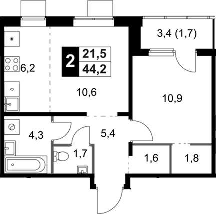 Планировка: Евродвушка 42,5 м² в ЖК «1-й Ясеневский»