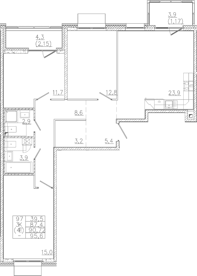 Планировка: Квартира евро-4 87,4 м² в ЖК «Лисино»