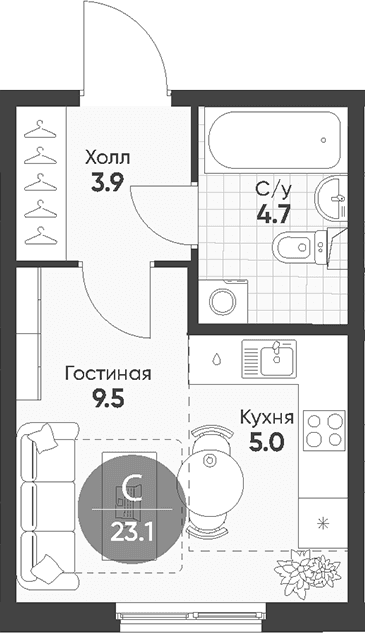 Планировка: Студия 23,1 м² в ЖК «Клюква.Парк»