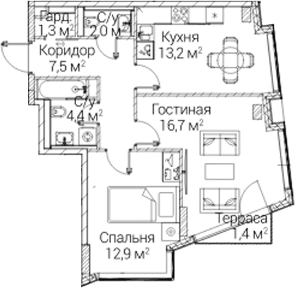 Планировка: 2-комнатная квартира 57 м² в ЖК «СЕЗАР БУДУЩЕЕ»