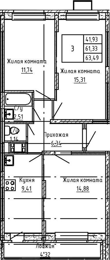 3-комнатная квартира