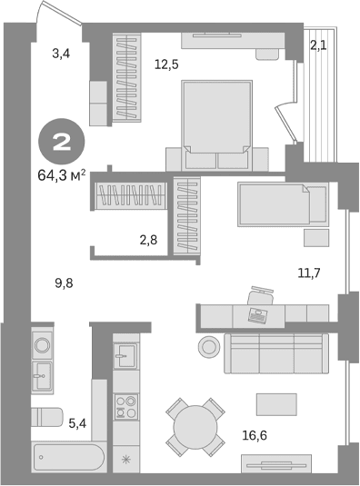 Планировка: 2-комнатная квартира 62,2 м² в ЖК «Первый квартал. Вторая очередь»