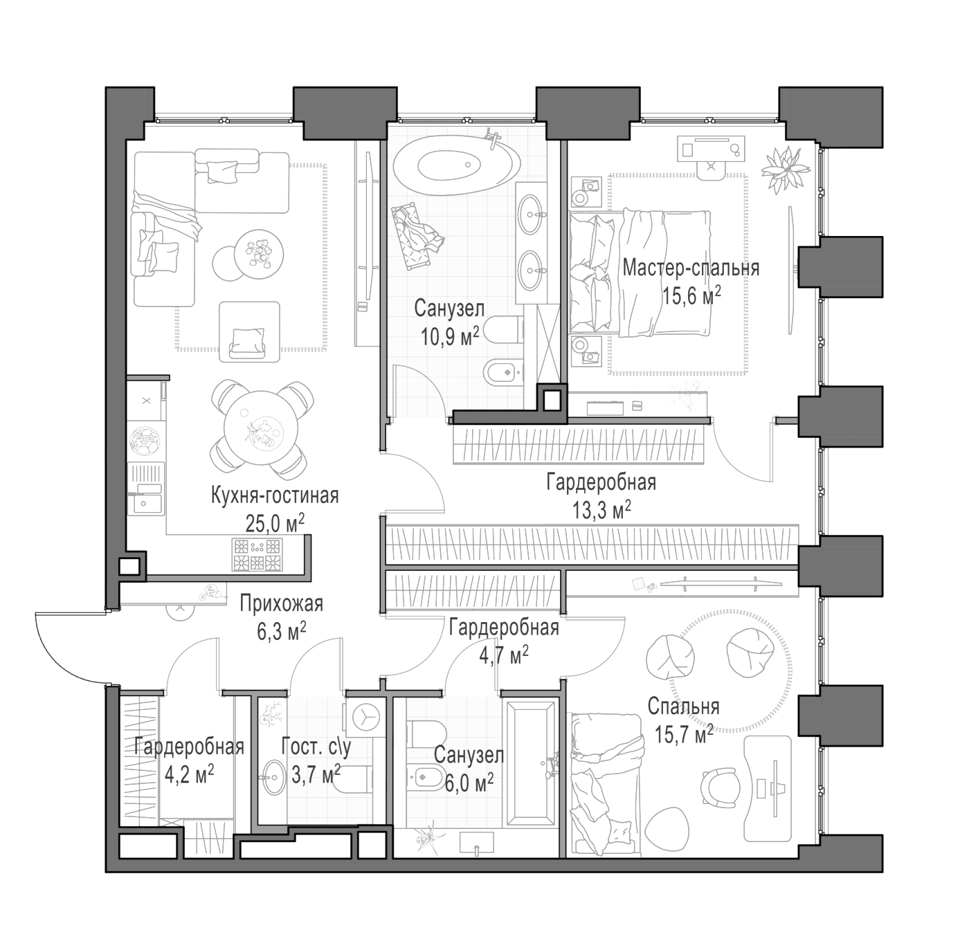 Планировка: Евротрёшка 106,4 м² в ЖК «Квартал Life Time»