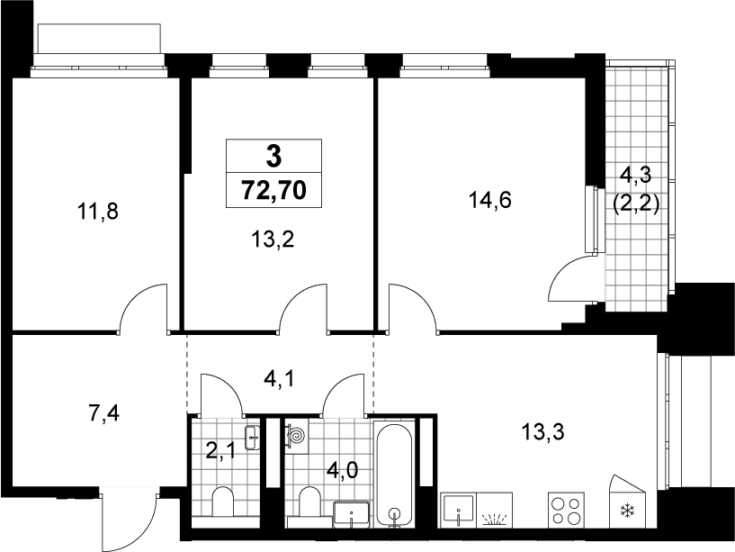Планировка: 3-комнатная квартира 70,5 м² в ЖК «Деснаречье»