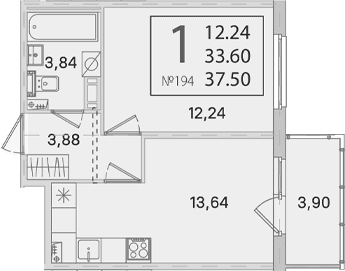 Планировка: 1-комнатная квартира 33,6 м² в ЖК «Любоград в Стрельне»
