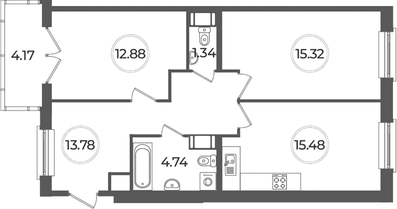 Планировка: Евротрёшка 63,5 м² в ЖК «Дуалист»