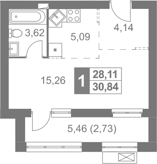 Планировка: Студия 28,1 м² в ЖК «Жаворонки Клаб»