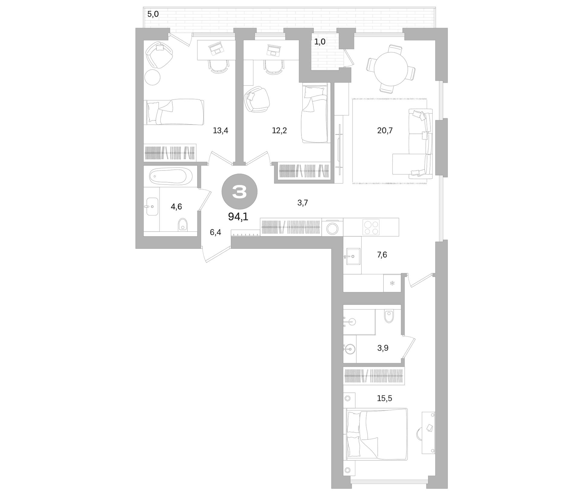 Планировка: 3-комнатная квартира 88,1 м² в ЖК «Северный ветер»